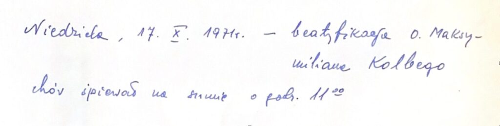 Notatka z kroniki dotycząca śpiewu Chóru w dniu beatyfikacji o. Maksymiliana Kolbego, 1971 r.