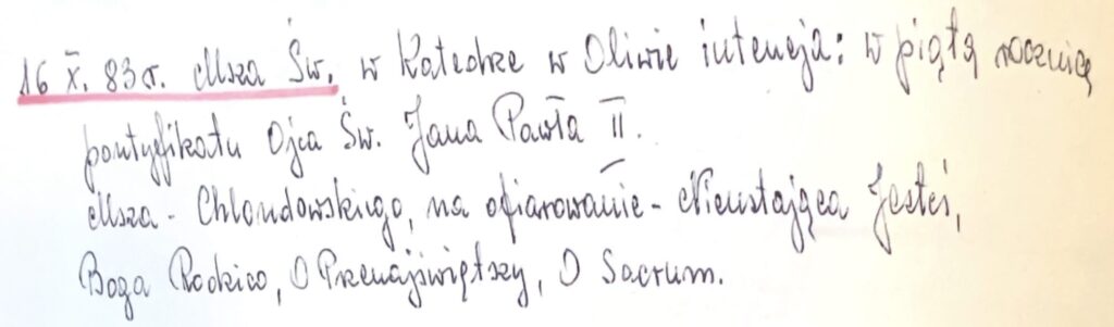 Notatka z kroniki o uroczystej Mszy św. w piątą rocznicę pontyfikatu papieża Jana Pawła II