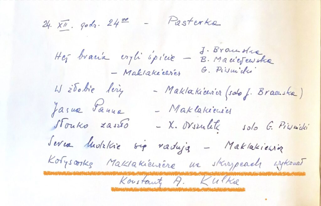 Repertuar Chóru św. Mikołaja na tzw. Mszę św. Pasterską 24.12.1964 r. z gościnnym udziałem Konstantego Andrzeja Kulki