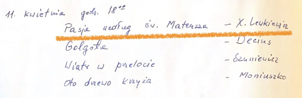 Notatka z kroniki Chóru św. Mikołaja o wystawionej Pasji wg św. Mateusza, lata 1967-1971