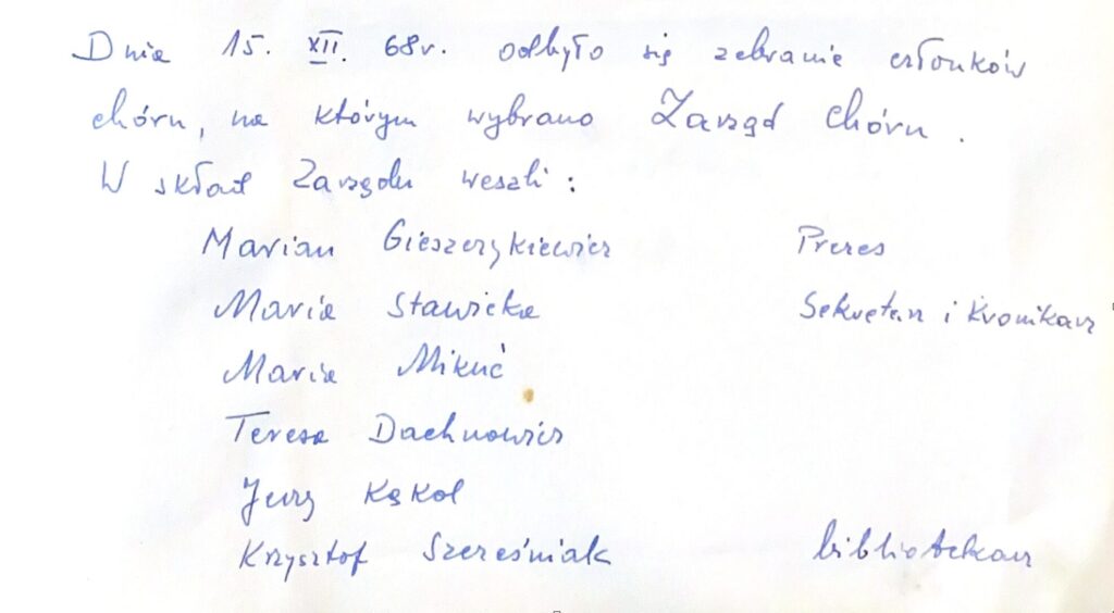 Notatka z kroniki nt. wyborów Zarządu Chóru w roku 1968