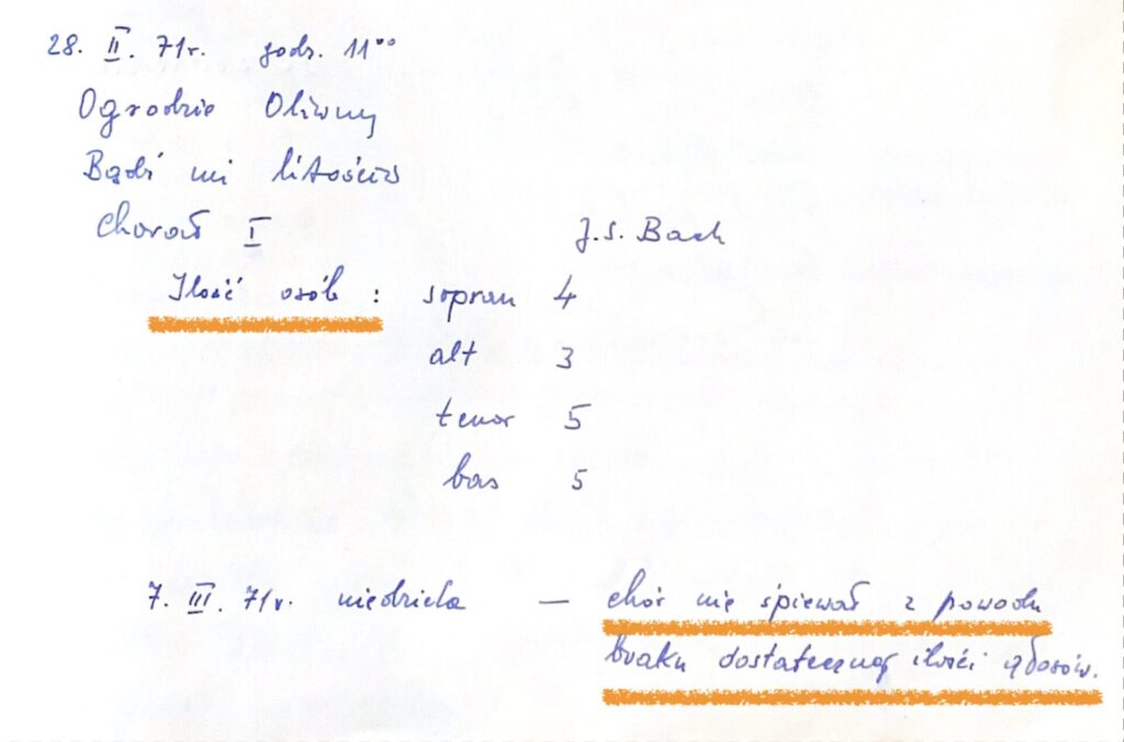 Notatka z kroniki nt. niskiej frekwencji na próbach i odwołanym śpiewie podczas Mszy św.