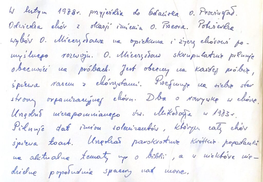 Notatka o nowym opiekunie Chóru - o. Mieczysławie - i jego staraniach w ramach bycia duszpasterzem