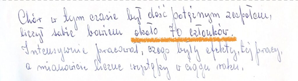 Notatka z 1974 r. nt. liczebności chóru