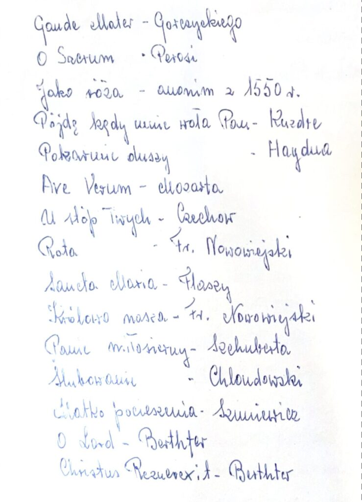 Utwory, które znalazły się na kasecie w wykonaniu Chóru św. Mikołaja pod dyrekcją Mariusza Mroza