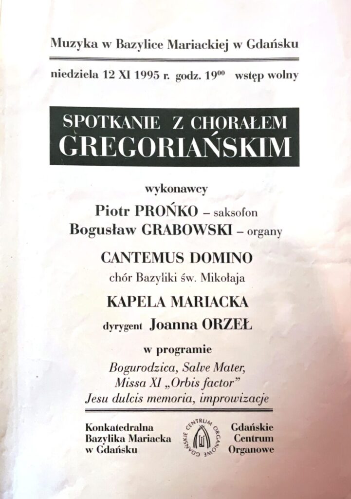 Plakat zapowiadający koncert chóru “Cantemus Domino” (Chóru św. Mikołaja) z Kapelą Mariacką - 12.11.1995 r.