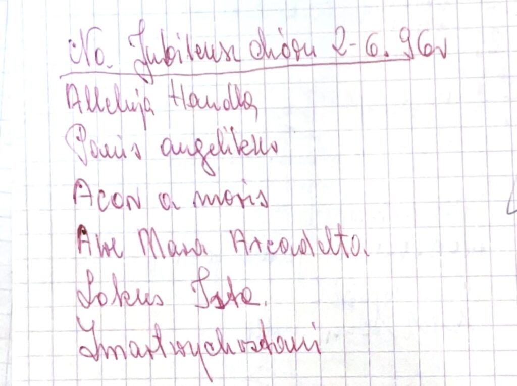 Notatka z kroniki nt. repertuaru na koncert 50-lecia istnienia Chóru