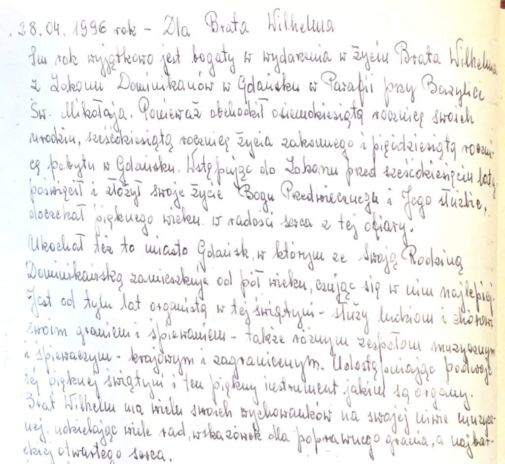 Notatka z kroniki nt. wdzięczności dla br. Wilhelma w 50-lecie przybycia do Gdańska