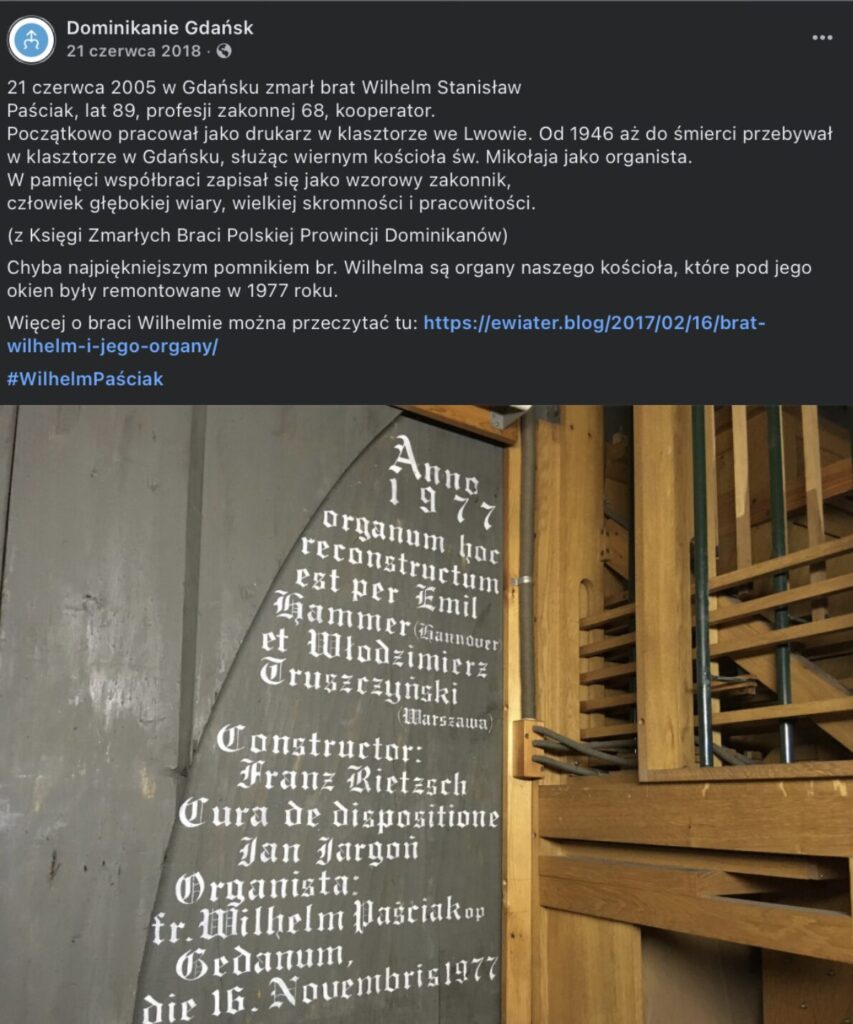 Post na profilu facebookowym gdańskich Dominikanów o dacie śmierci br. Wilhelma